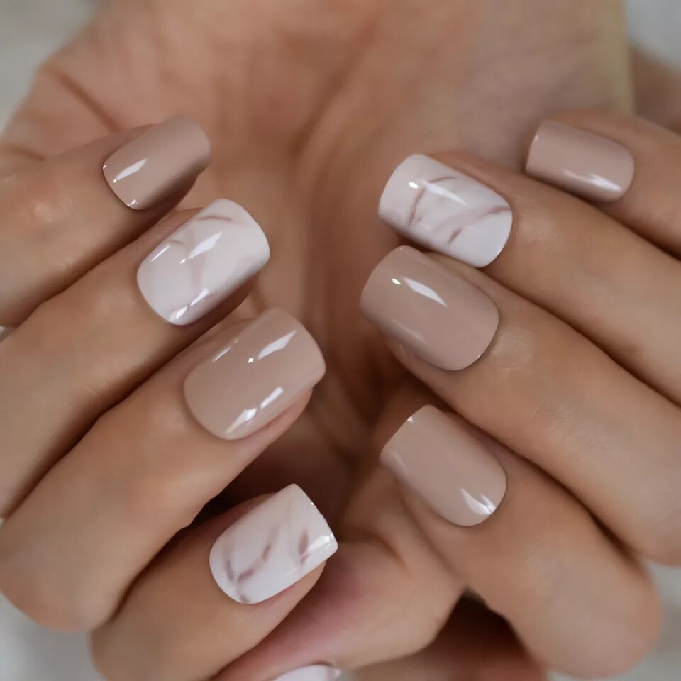 Cream Marble Short Press on nails with glue 24 nails beige camel nude white tan