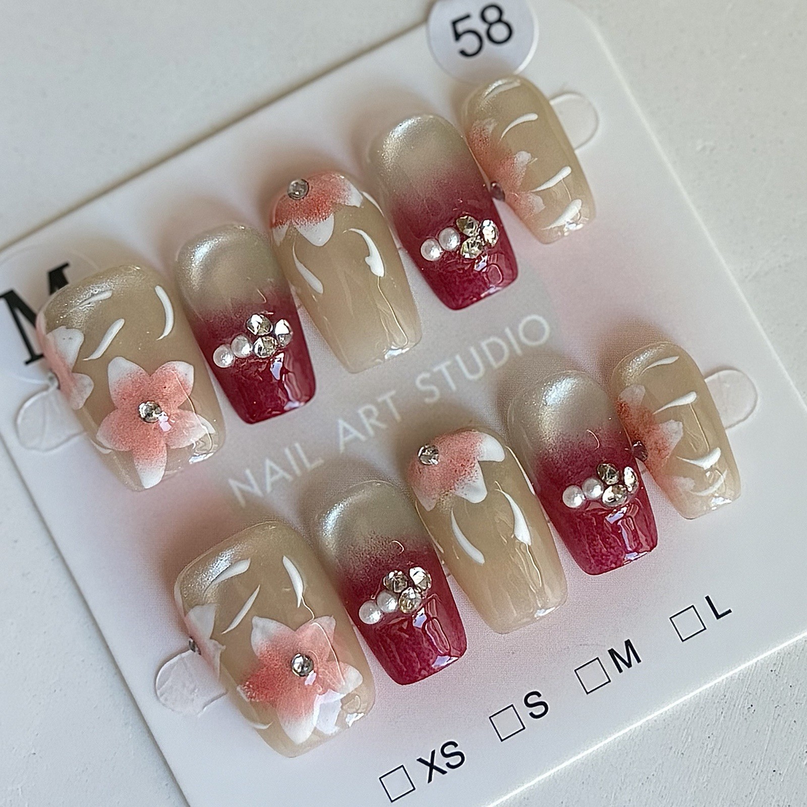 Handmade Nude 3D Flower Press-On Nails Size M Medium Square Reusable False Nail
