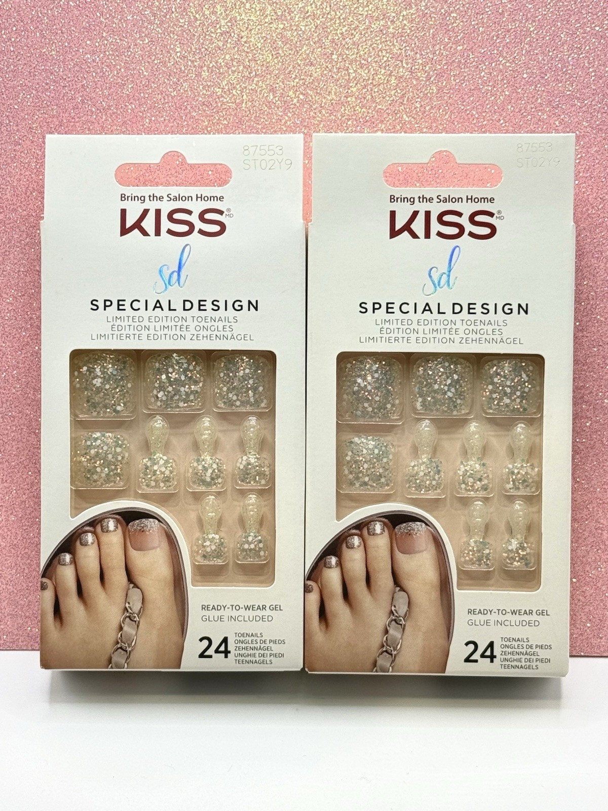 Kiss Special Design Press-On Pedicure Toe Nails White Silver Glitter 87553 2pck