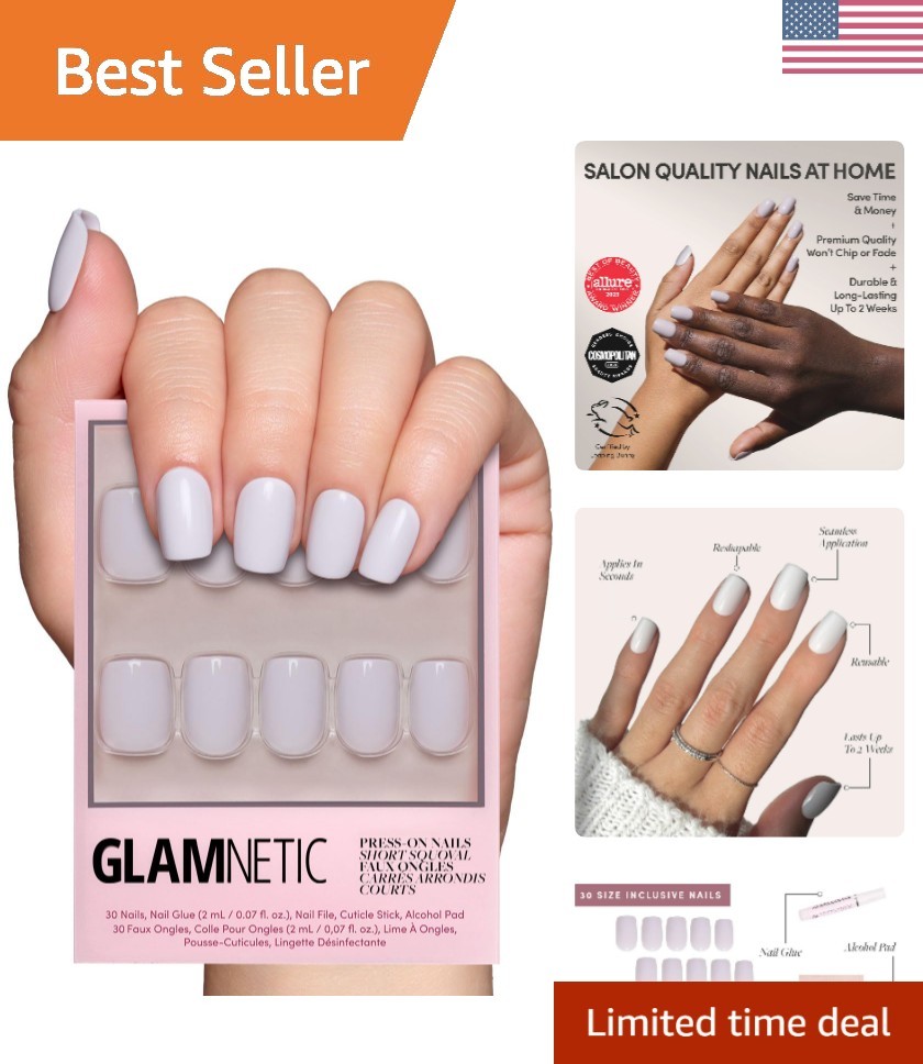 Press On Nails – Lilac Gray | Opaque Pale Light Lilac Gray Short Squoval Fake…