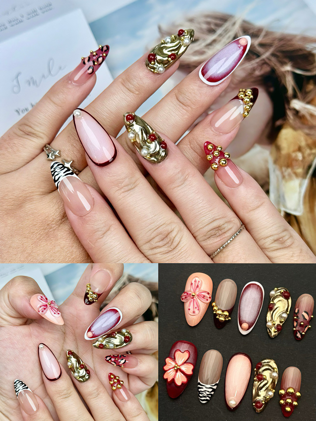 Elegant Diva Summer Press-On Nails – 3D Apricot Clover, Red & Gold | Handmade Se