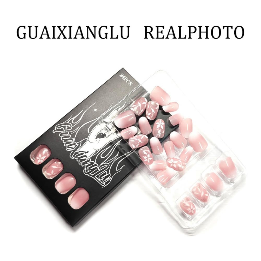 Flower Press on Nails Short Oval Fake Nails with Glitter Design Glossy Ombre