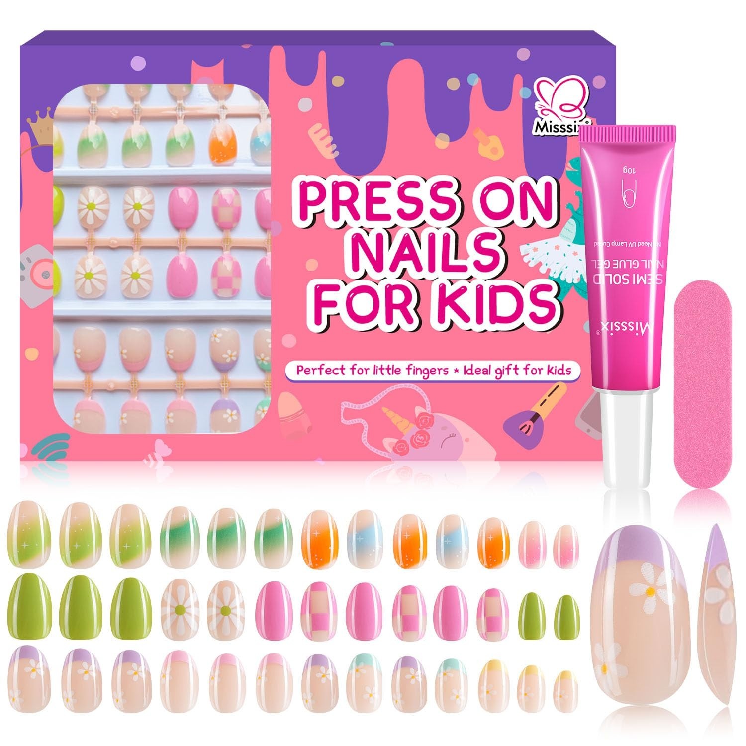 78 Pcs Press on Nails for Kids, 3 Pack Kid Fake Nail Kit Cute Press on Nails, St