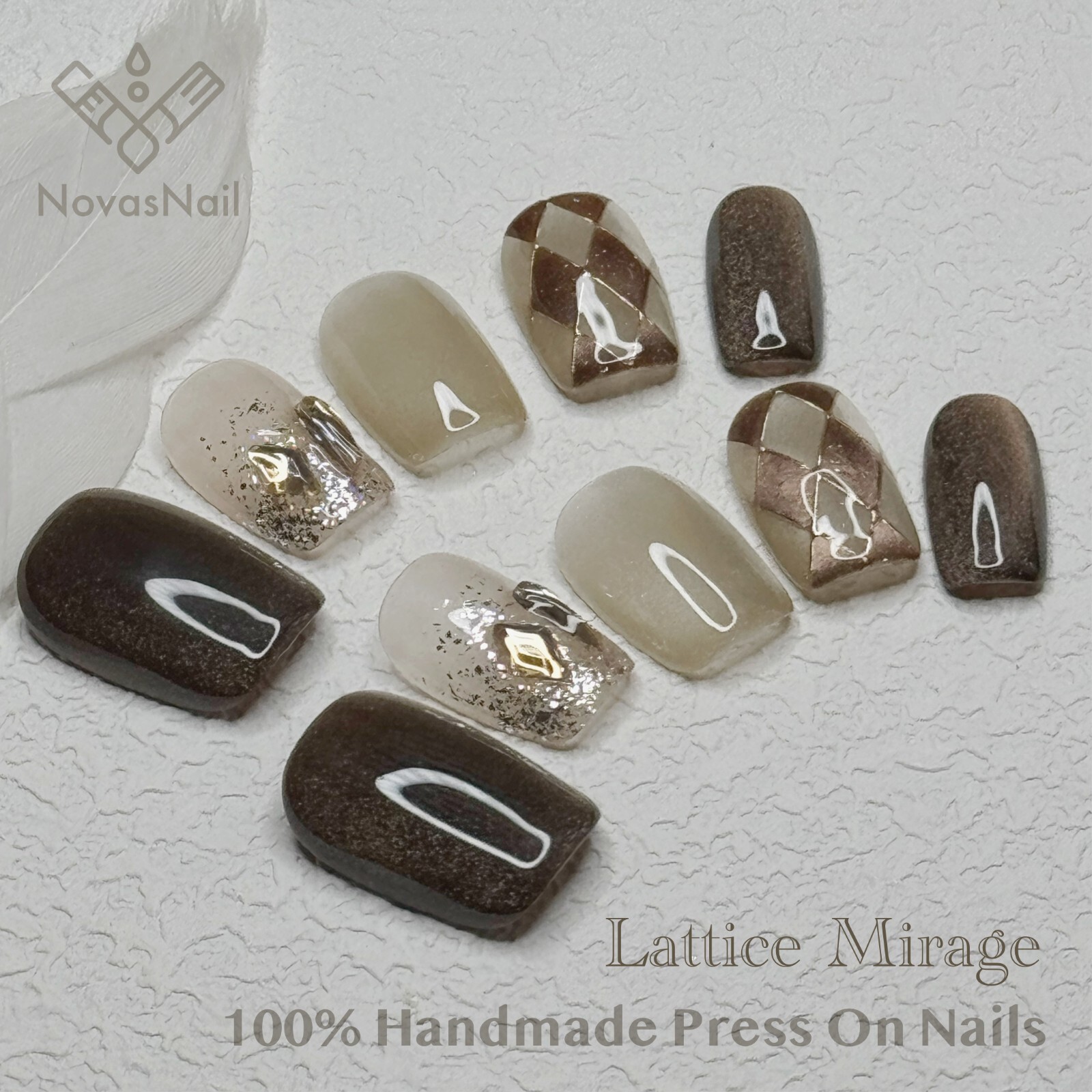 Lattice Mirage Cat Eye Press-On Nails | Duan Fang Square Shape | Handmade
