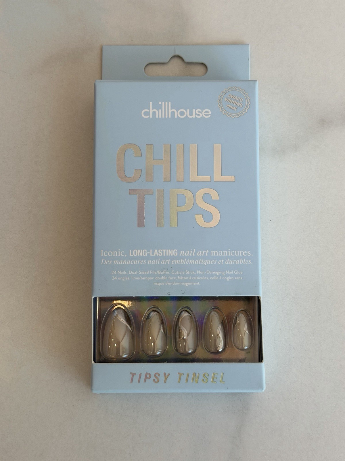chillhouse Press-On Nails Tipsy Tinsel Beige Silver Shiny Oval Long-Lasting