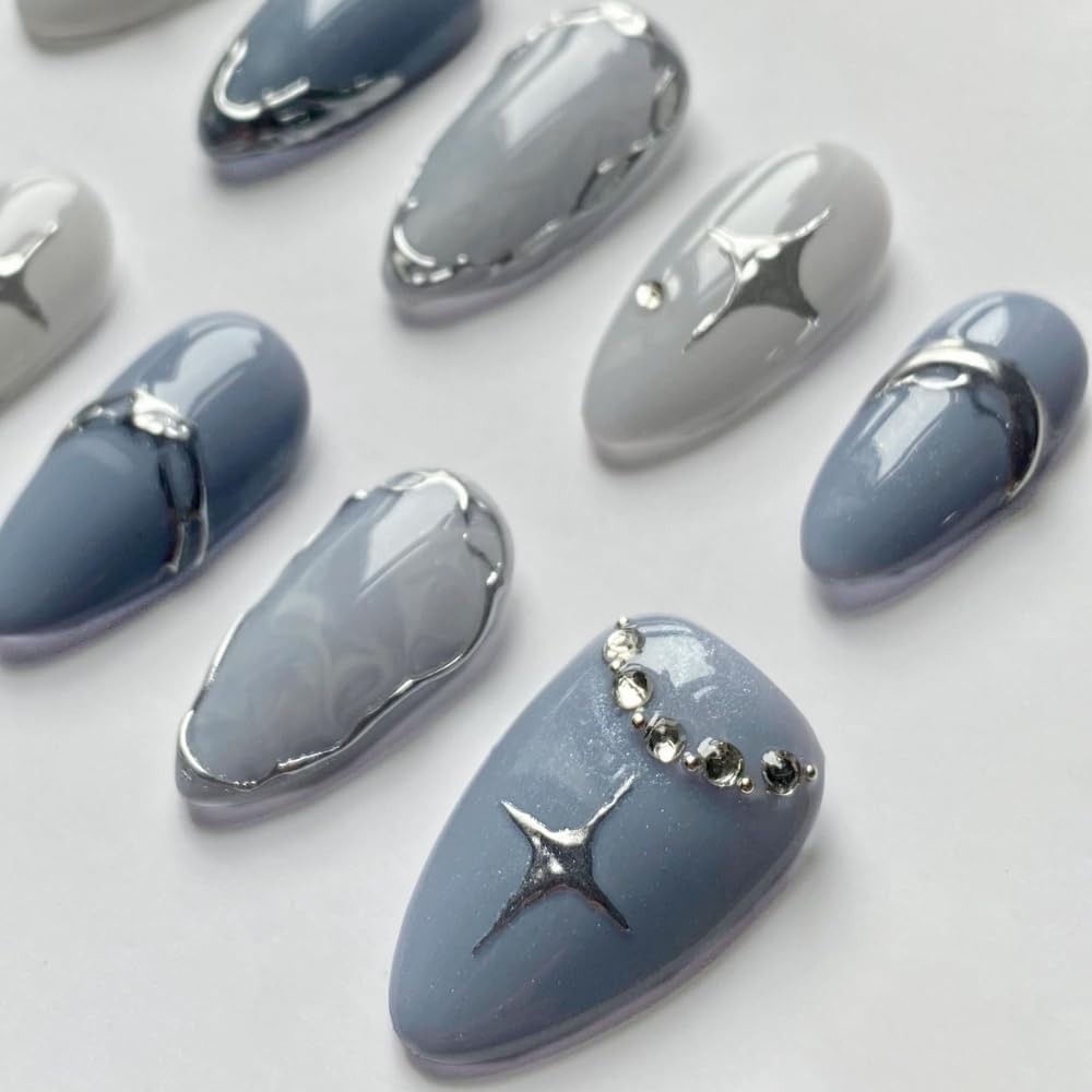Handmade 3D Press On Nails – Short Almond Shape, 10 Pcs Reusable ABS, French Des