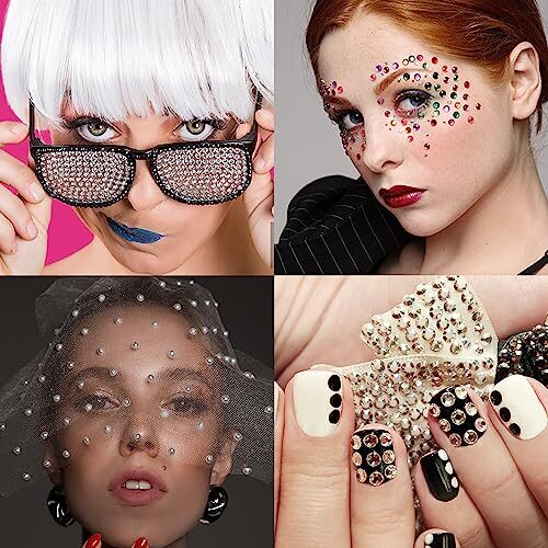 1450 Pieces Eye Face Gems White Pearls Self-Adhesive Rhinestone Rainbow, Pearl