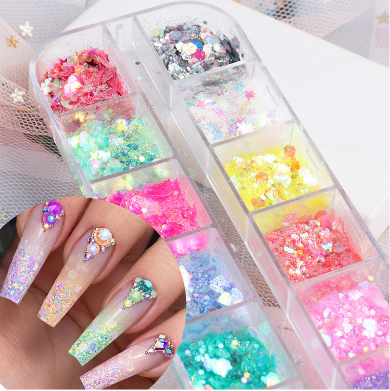 12 Grids/box Nail Art Glitter Powder Fairy Sequins Laser Flakes Decoration DIY K