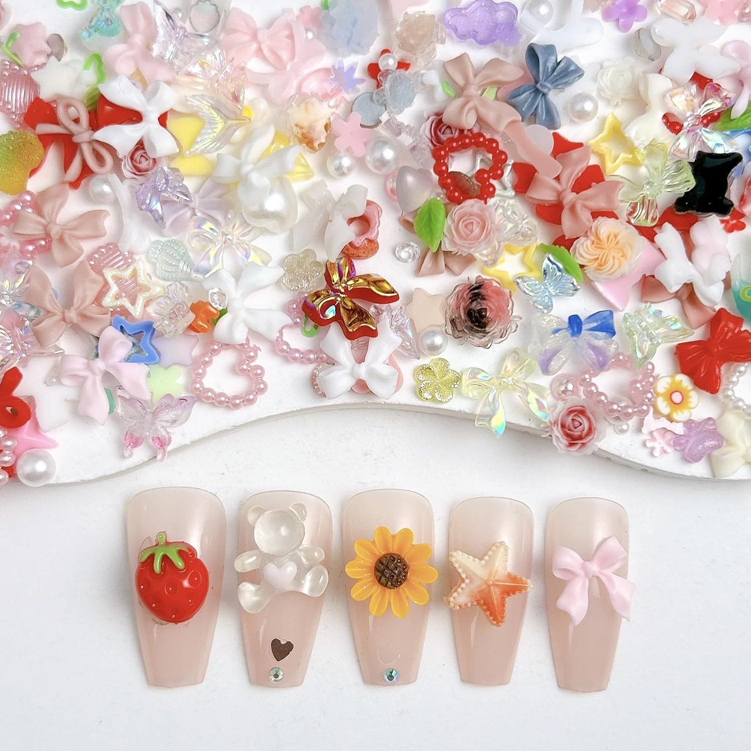 200Pcs Pink Red Nail Charms Kit 3D Flower Bow Heart Flatback Pearls Mixed Shape