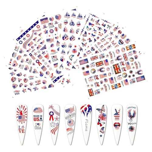 8 Sheets Independence Day Nail Stickers Blue Red Nail Decals Flag Blue, Red-8