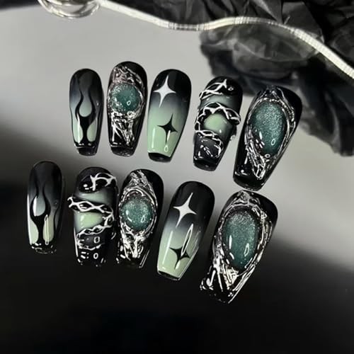 24Pcs Square Press on Nails Medium Punk Fake Nails Green Punk Nails Medium-24