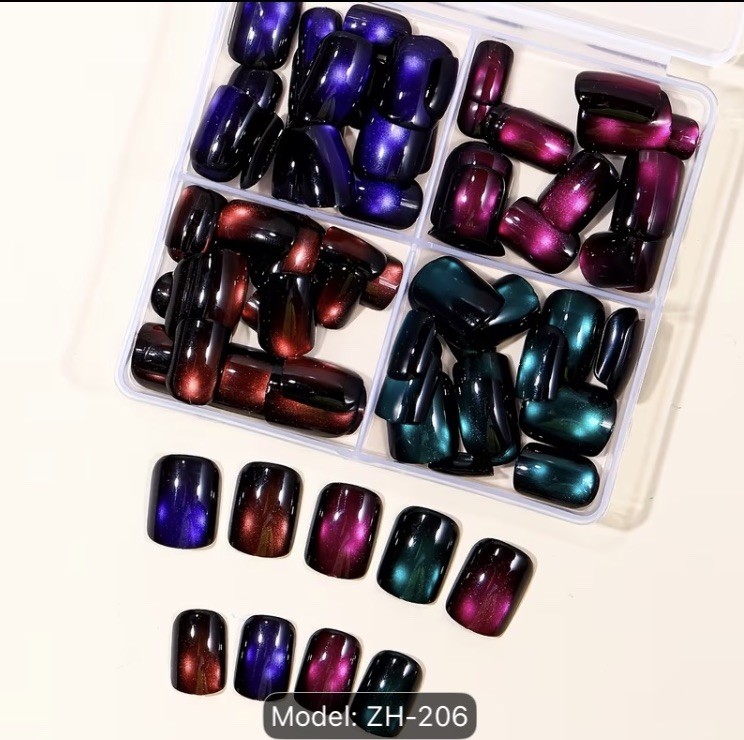 96pcs Short Square Glossy Cat Eye Nail Set Blue, Purple, Pink,Lake Blue Press On