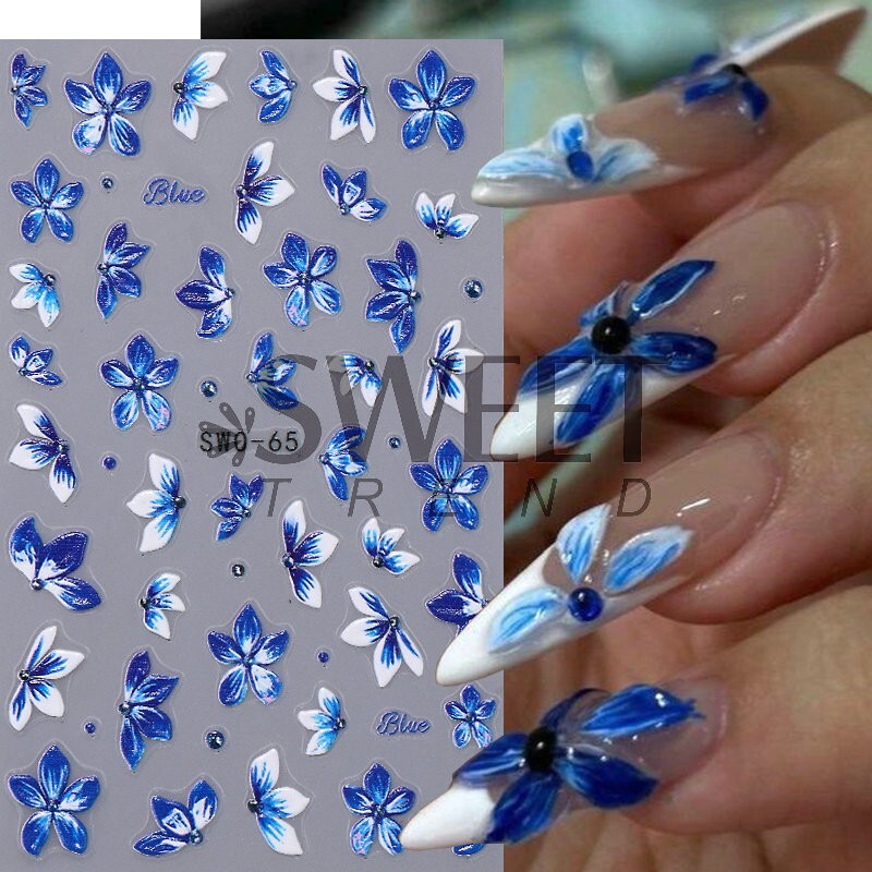 Blue Lace Floral Flowers Nail Art Stickers Embossed Decals DIY Nail Design NS52