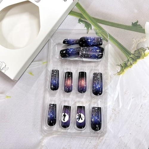 24Pcs Cute Elf Stick on Nails Long Length Flash Stars Sky Design Press on
