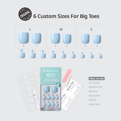 Light Blue Short Square Press-On Toenails – Easy Application, 30 Nails, 15 Sizes