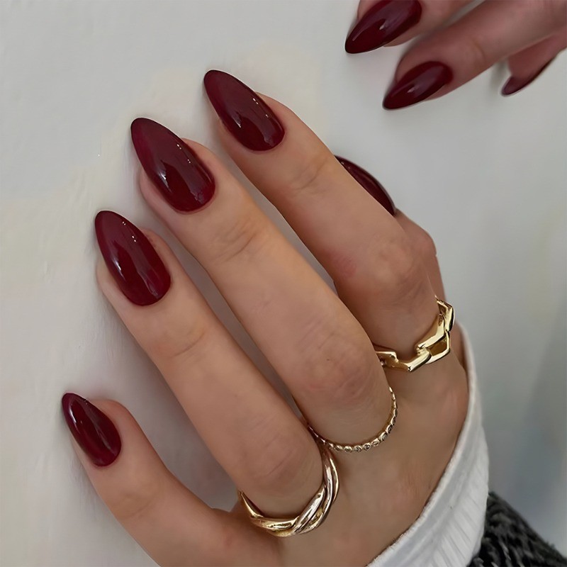 60Pcs-Glossy Burgundy Press on Nails Medium Almond Nail Solid Color Manicure