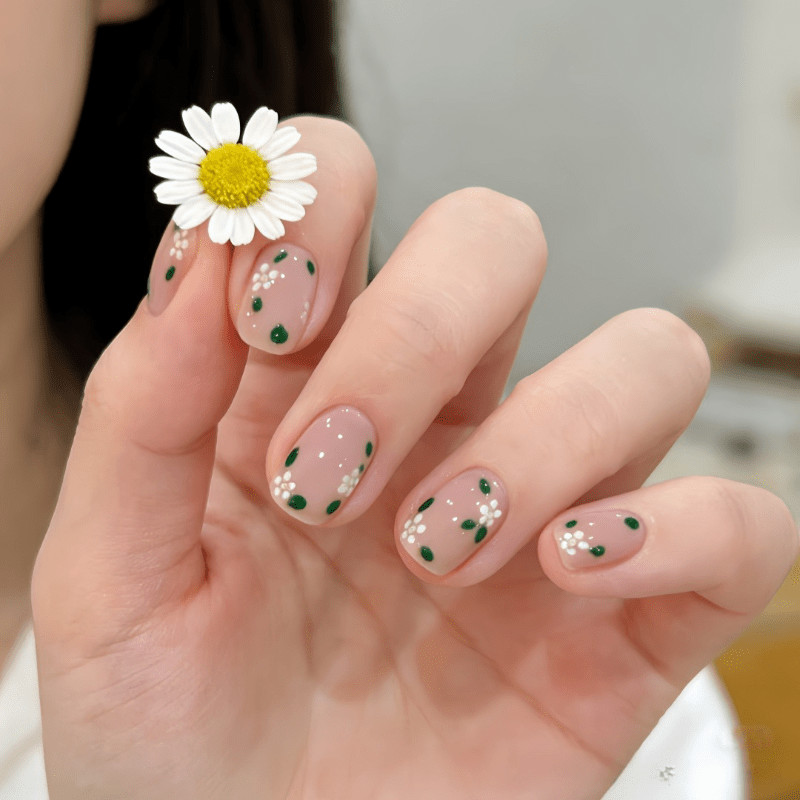 60pcs Short Almond Press on Nails, Nude Base Tiny White Daisy Green Dot Nails