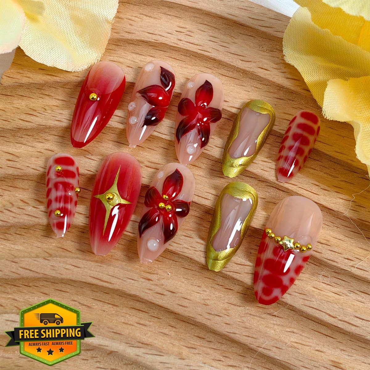 BMKKOT Flower Red Gradient Almond Fake Nails