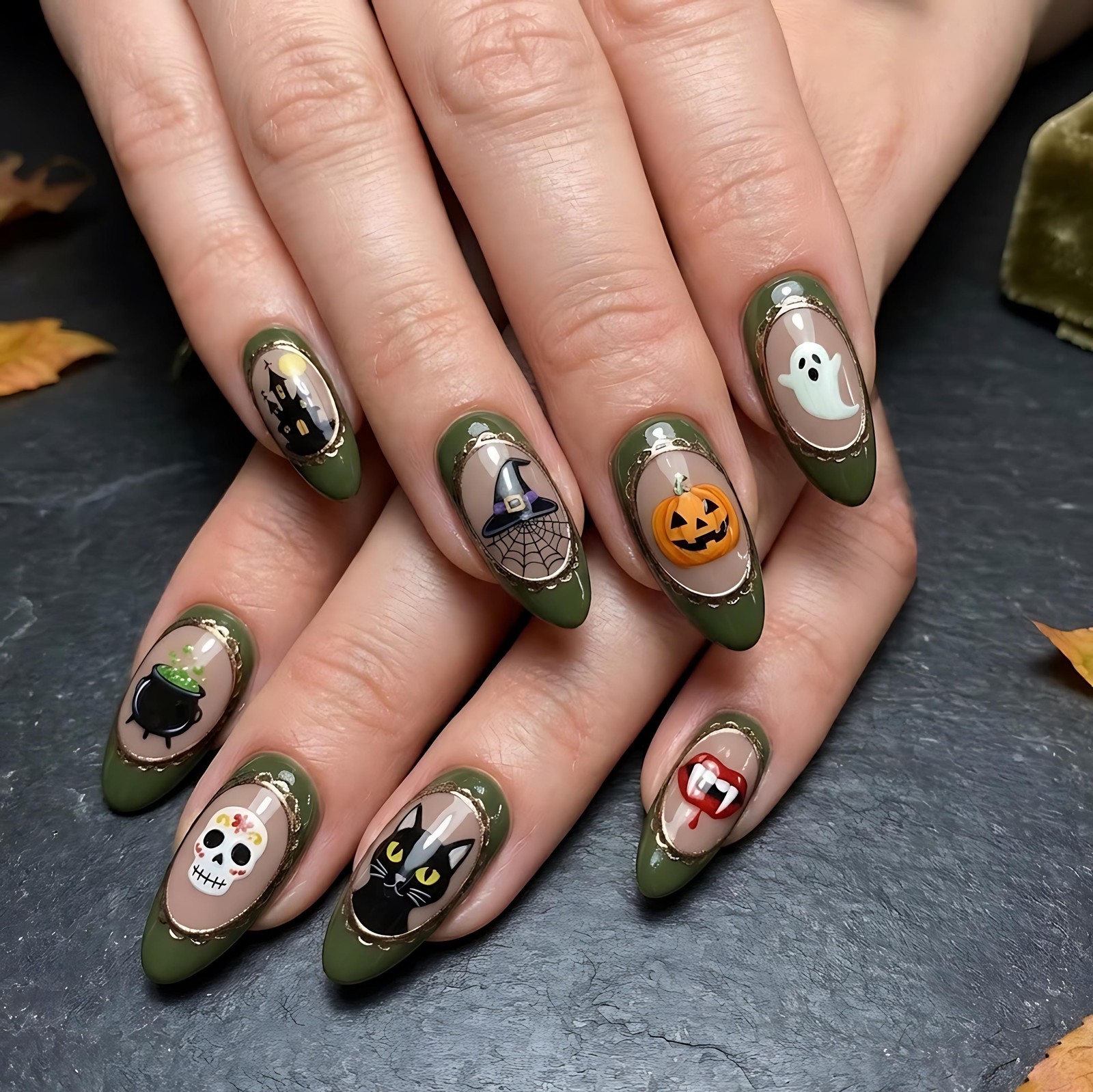 Custom Handmade Olive Green Halloween Ghost Pumpkin Witch Almond Press on Nails