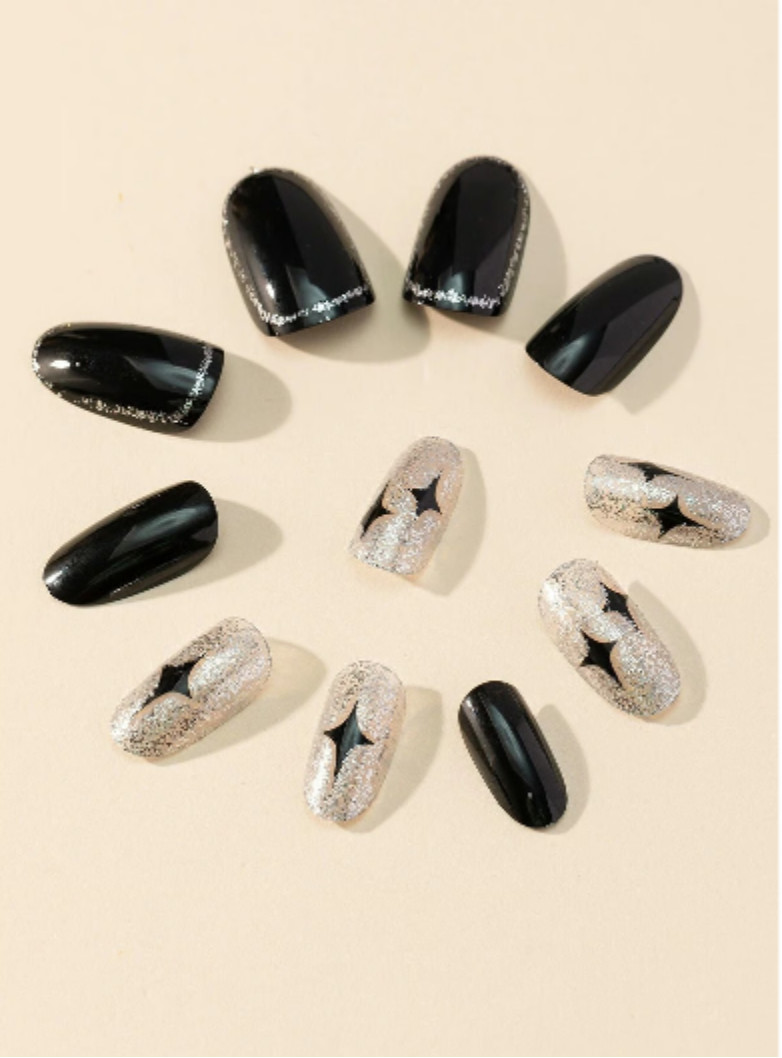 Black & Silver Glitter short Press On Nails NEW retro 50’s Vegas style starburst