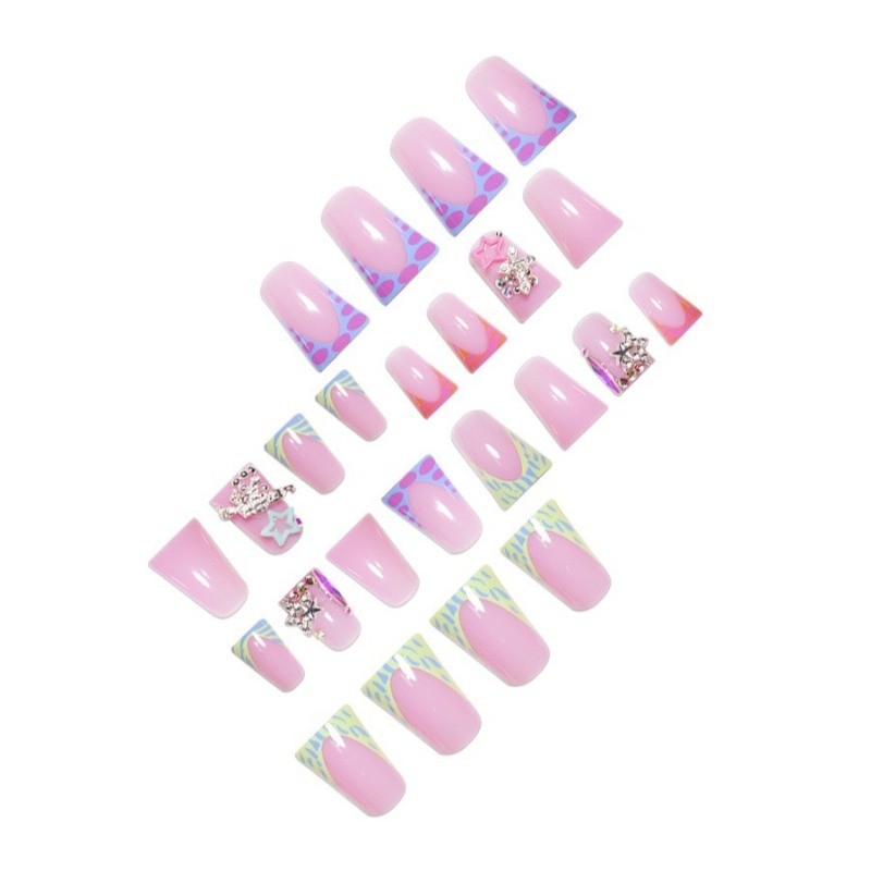 24pcs-Playful Press on Nails with Neon Accents, 3D Stars and Chunky Rhinestones