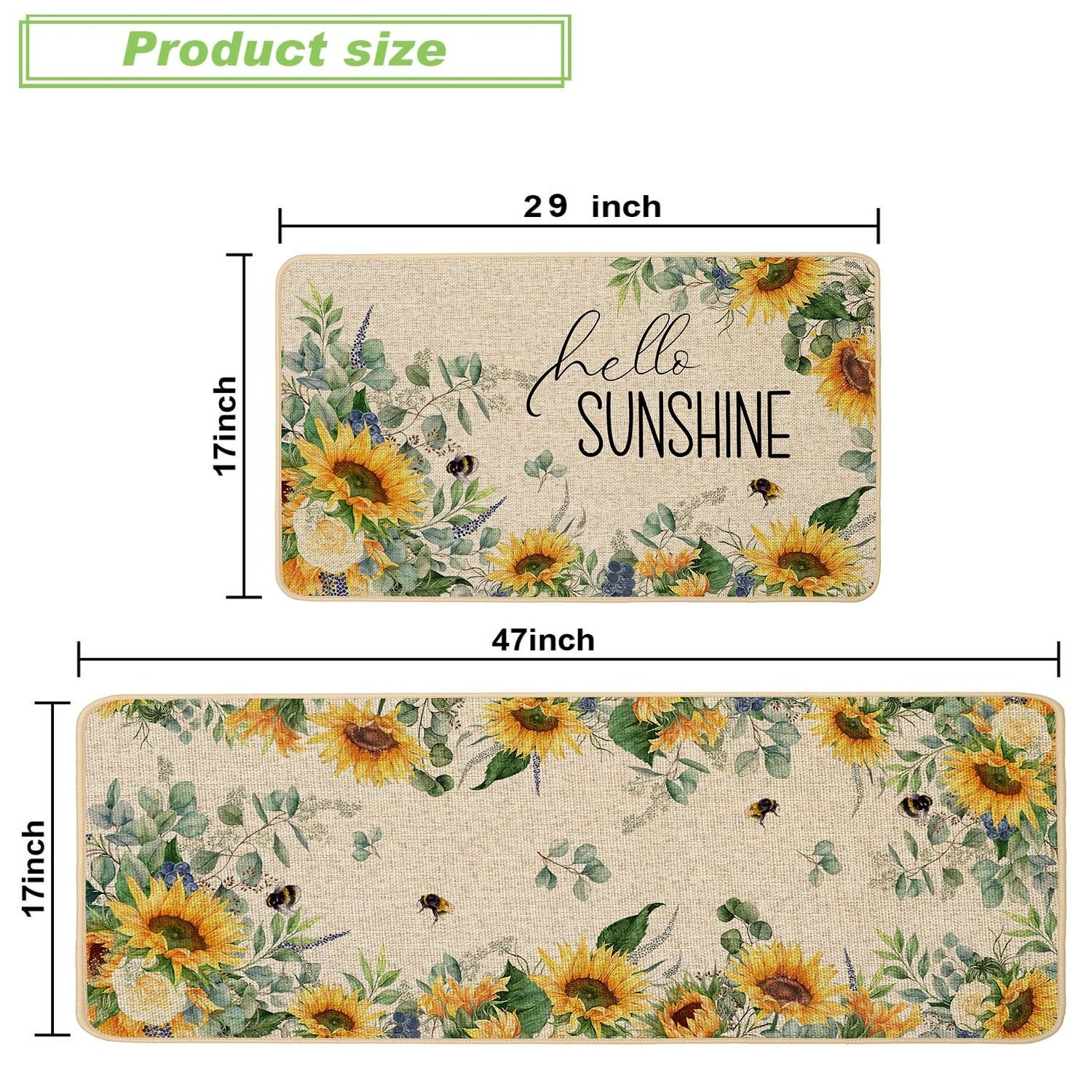 Baccessor Summer Kitchen Mats Set of 2, Sunflower Floral Bee Kitchen Rugs for…