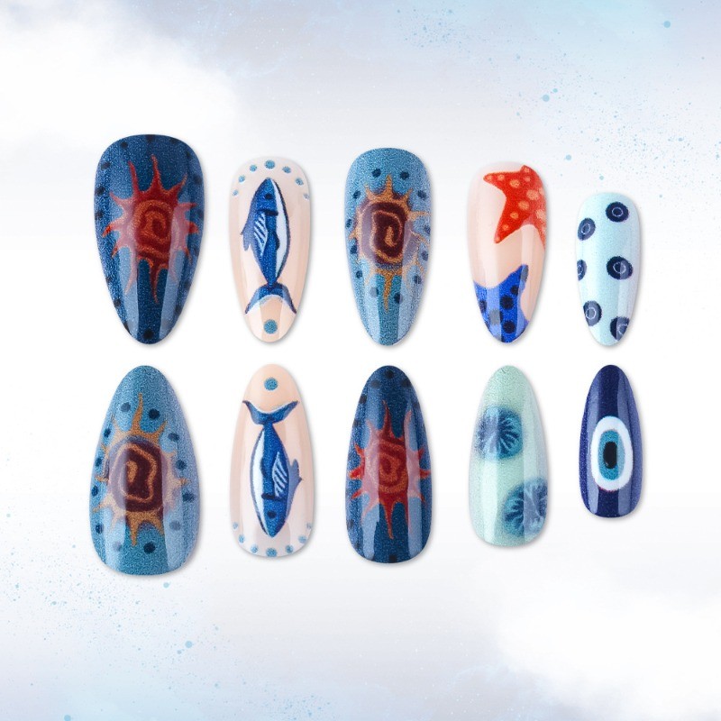 48pcs-Summer Ocean Press on Nails, Medium Stiletto Shark & Starfish Fake Nails