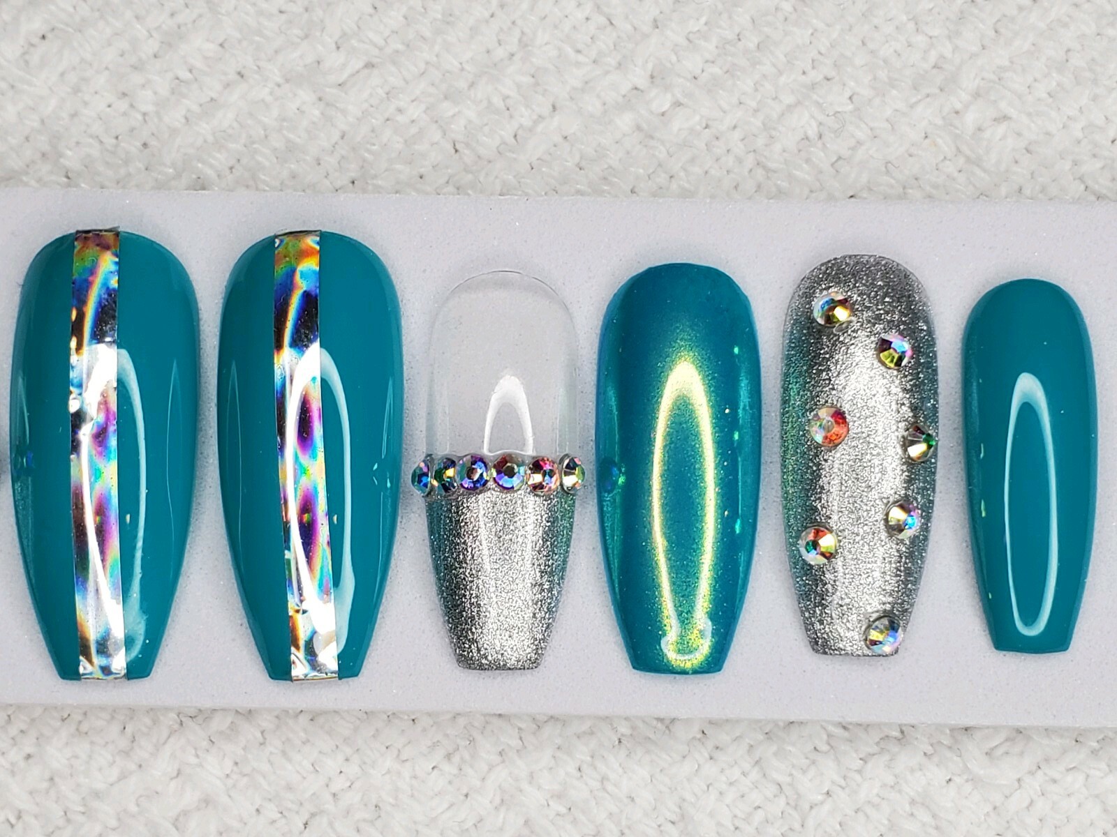 Teal & silver bling chrome holographic Press On nails long coffin turquoise blue