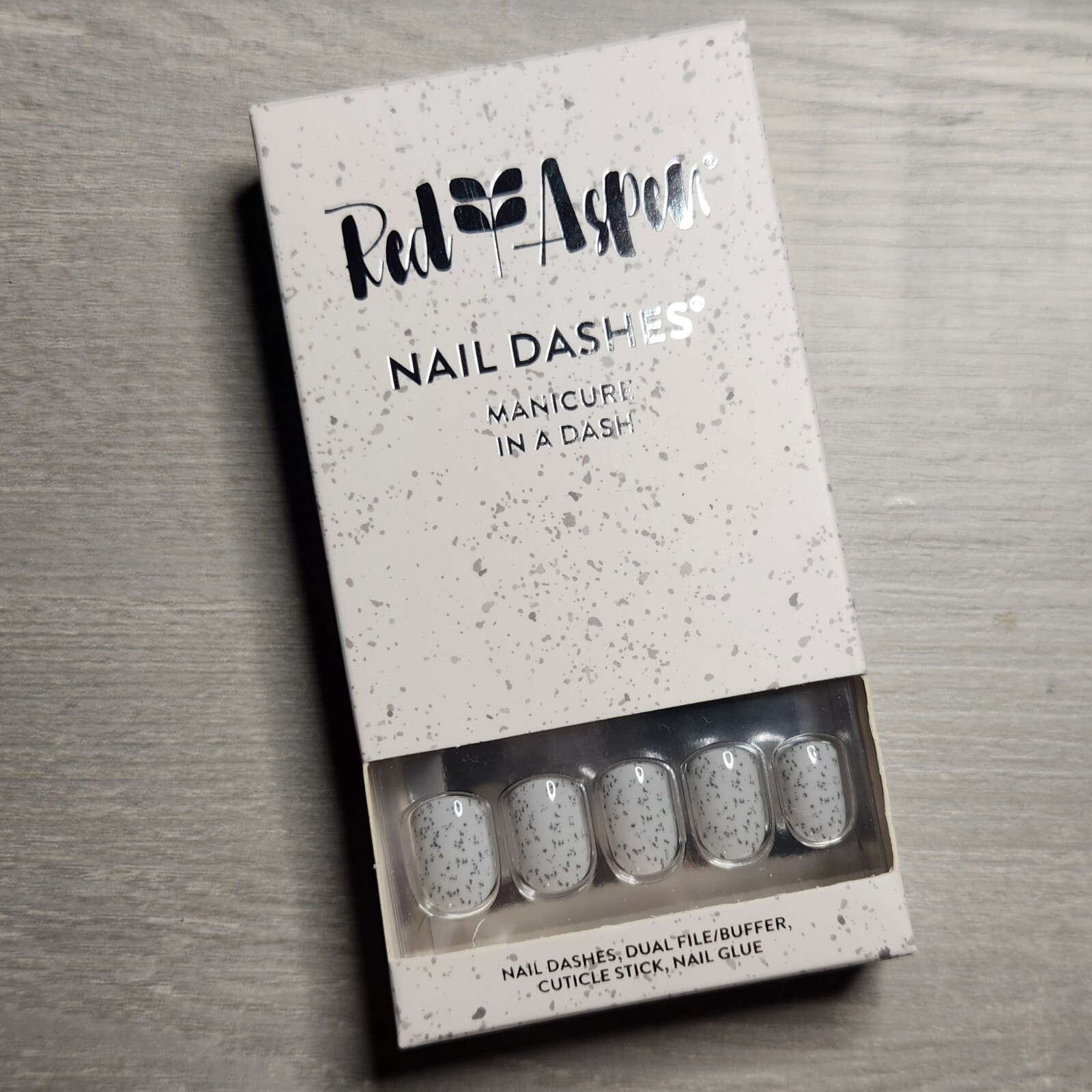 Press On Nails Santorini Caldera Short Square White with Gray Dashes Red Aspen