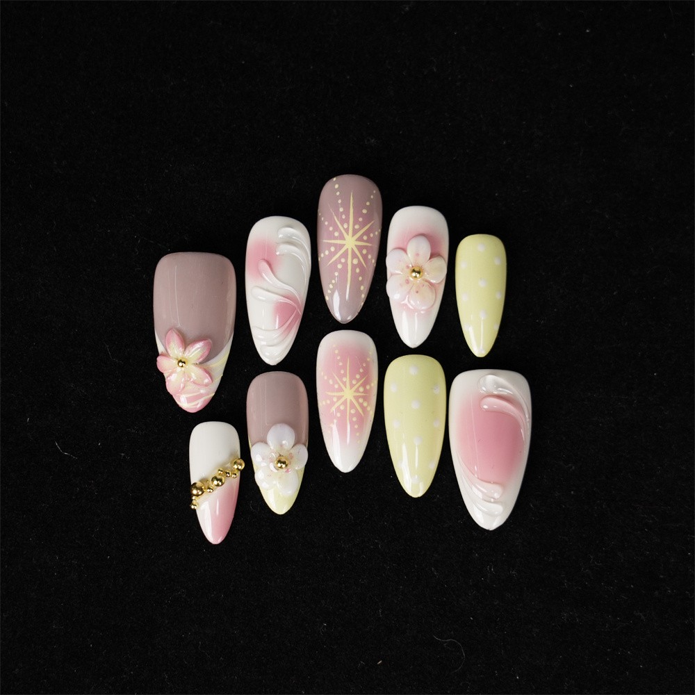 Handmade Pink Yellow Floral Press on Nails Gradient Polka Dot Lovely Fake Nails