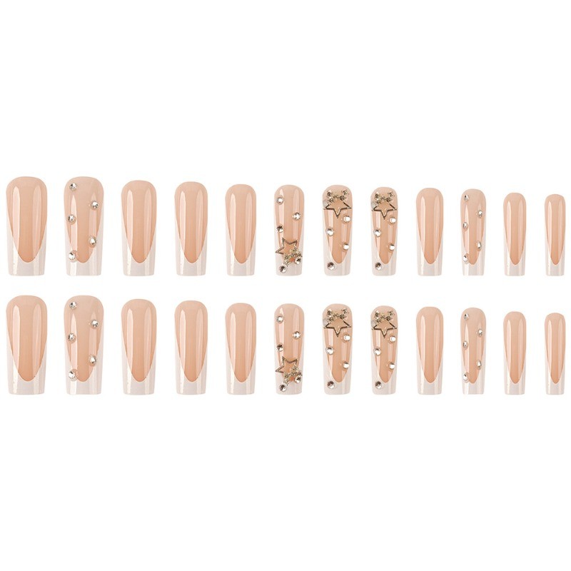 48pcs-Nude Base Nails with Iridescent White French Tips and 3D Star Gem Accents