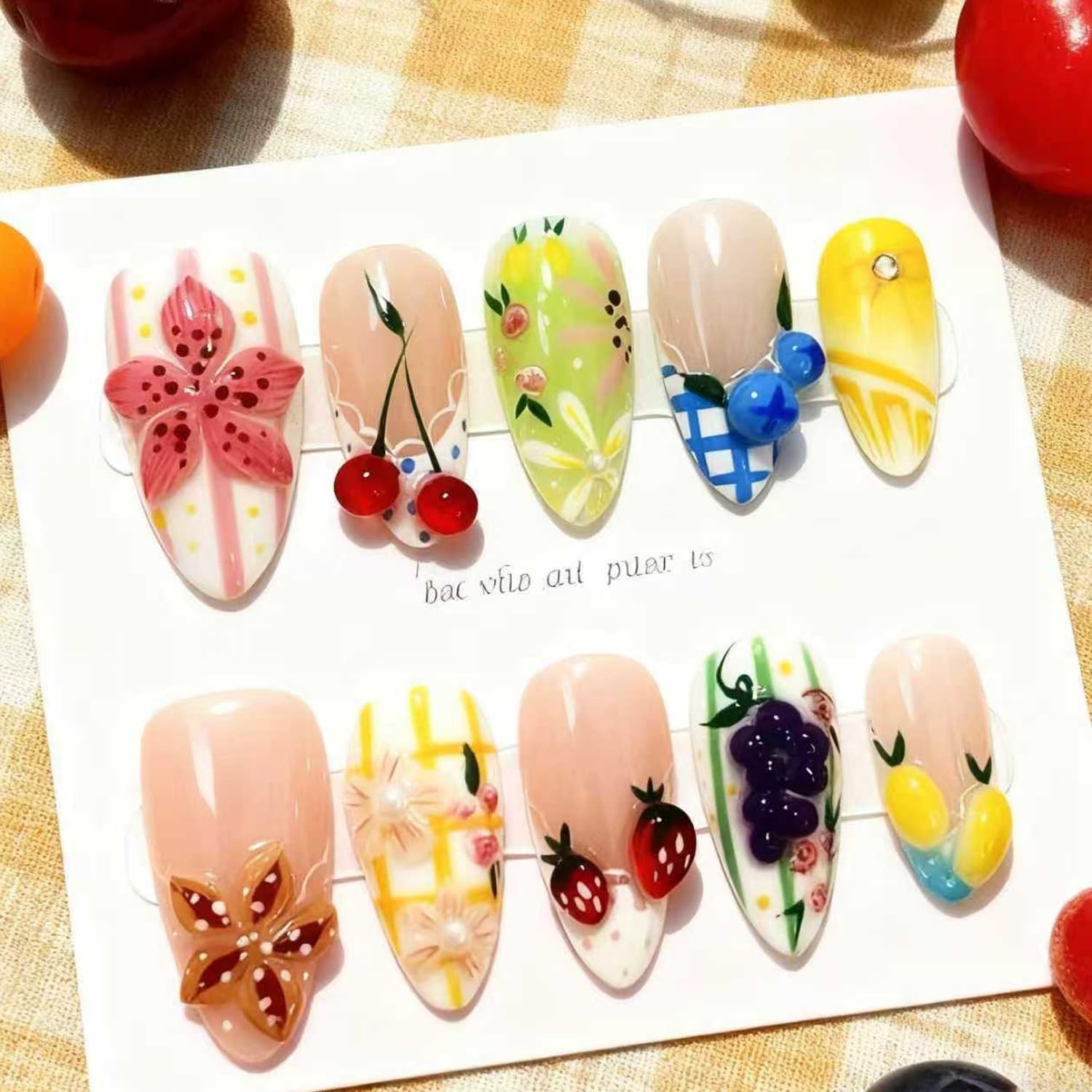 30Pcs Fruit Press on Nails Long Almond Fake Nails 3D Flower Strip with Rhines…