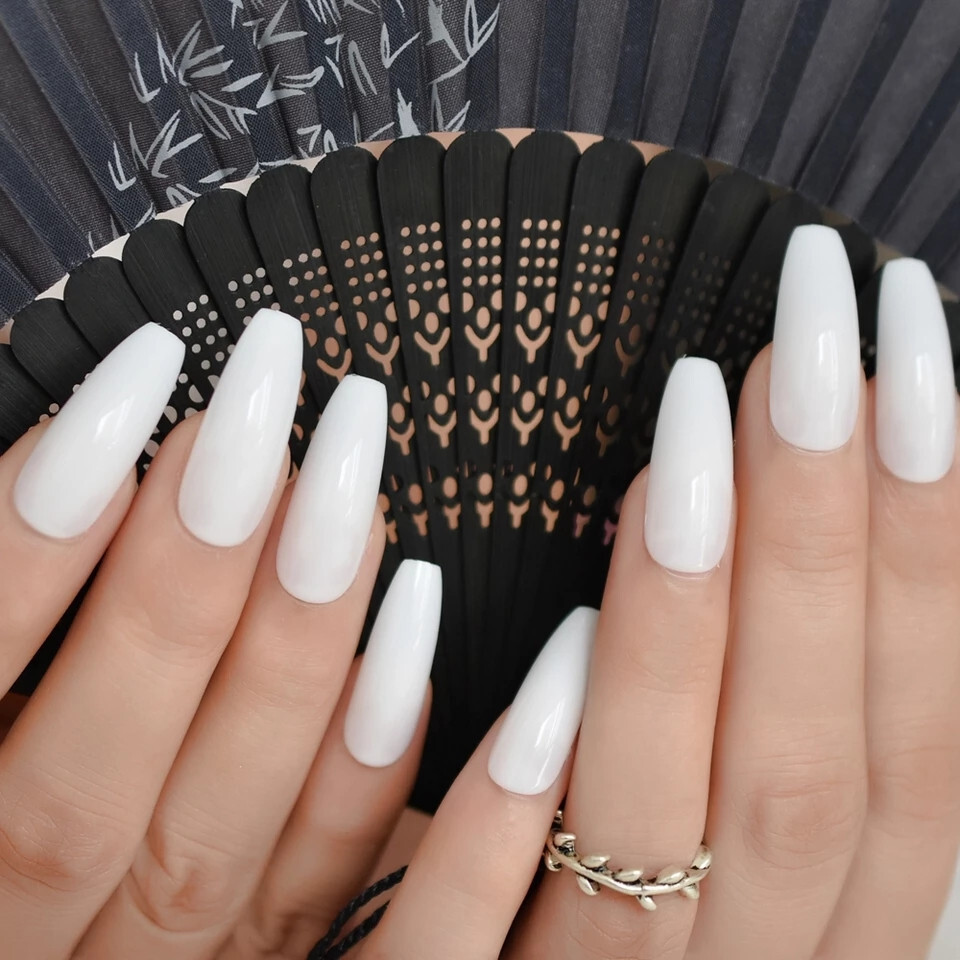 24 Press on nails Kit w Glue Milky White Long coffin