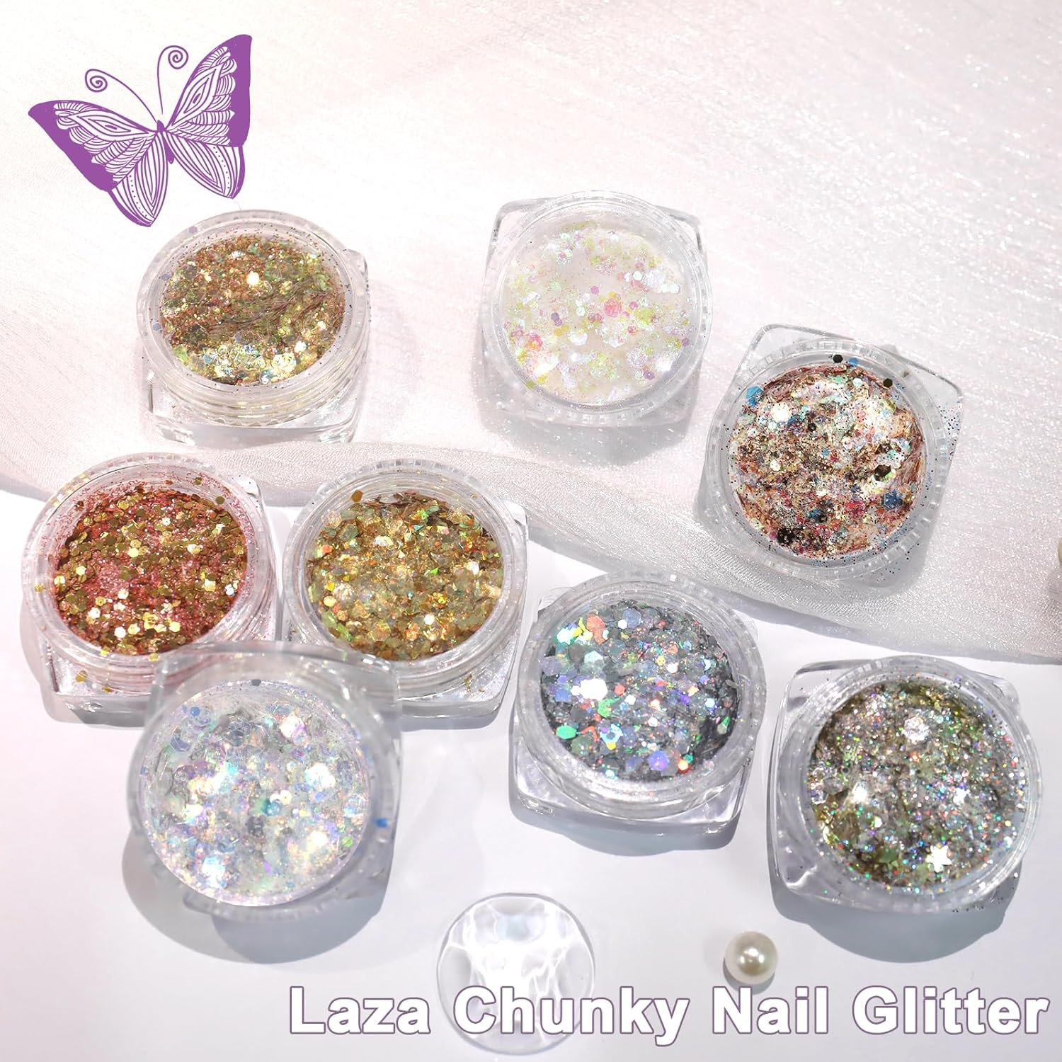 8 Colors Nail Art Glitter Diamond Dust Iridescent Nail Powder Chunky Glitter Con