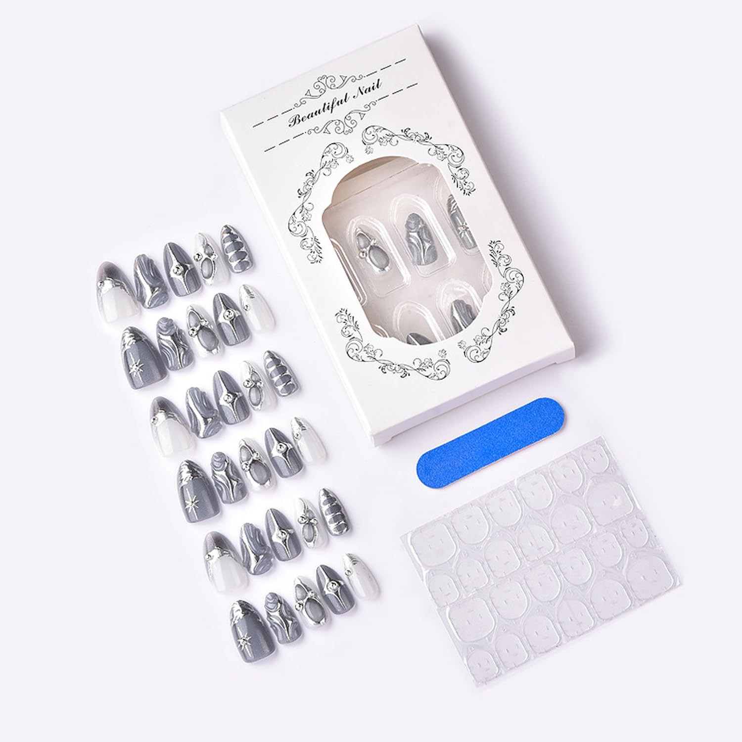30Pcs Silver French Tip Press on Nails Medium Almond Fake Colorful -12