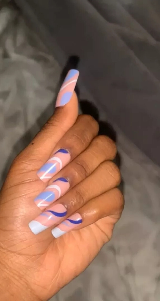 24 Press on nails kit w glue square Swirl Blue Nude design lava lamp pink