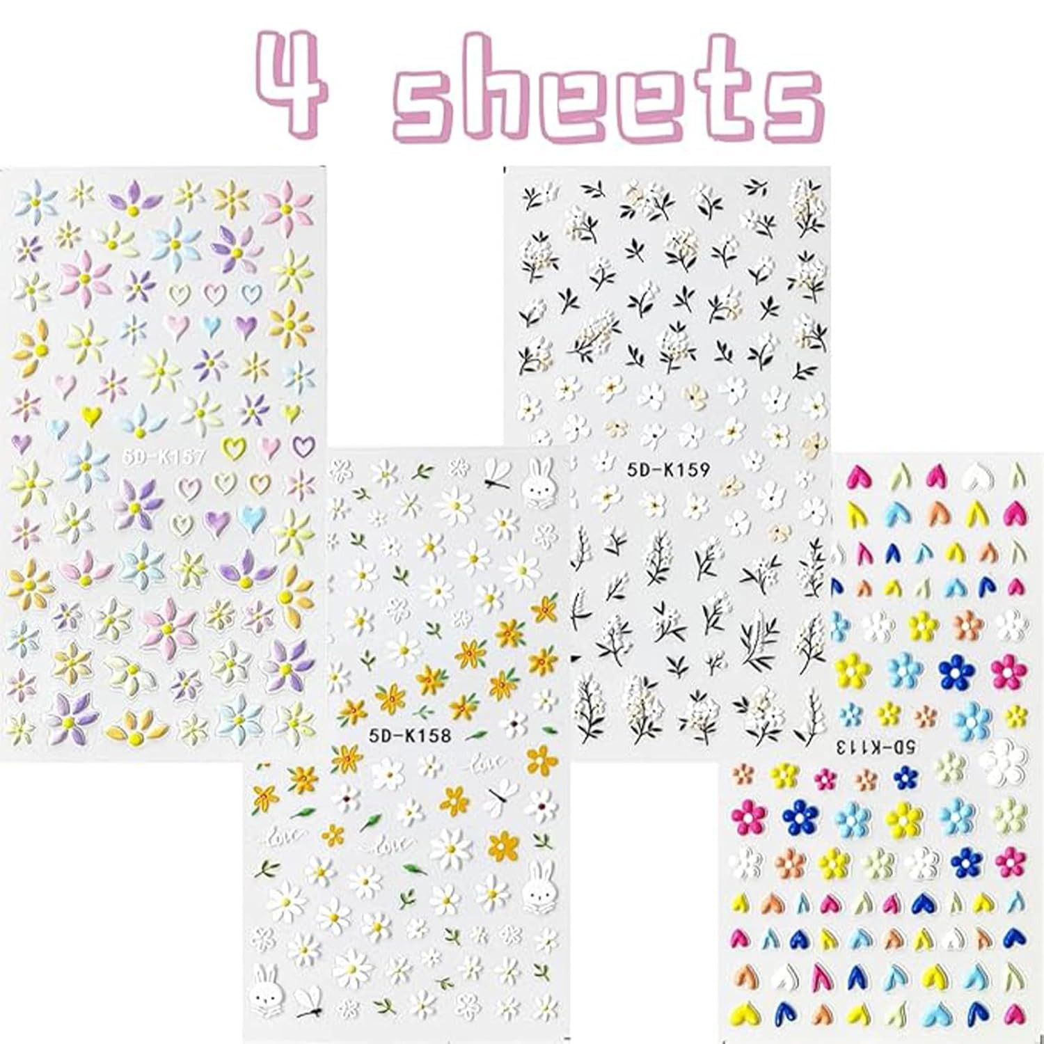 Flower Nail Art Stickers – 5D Embossed, Spring/Summer Daisy Designs, Self-Adhesi