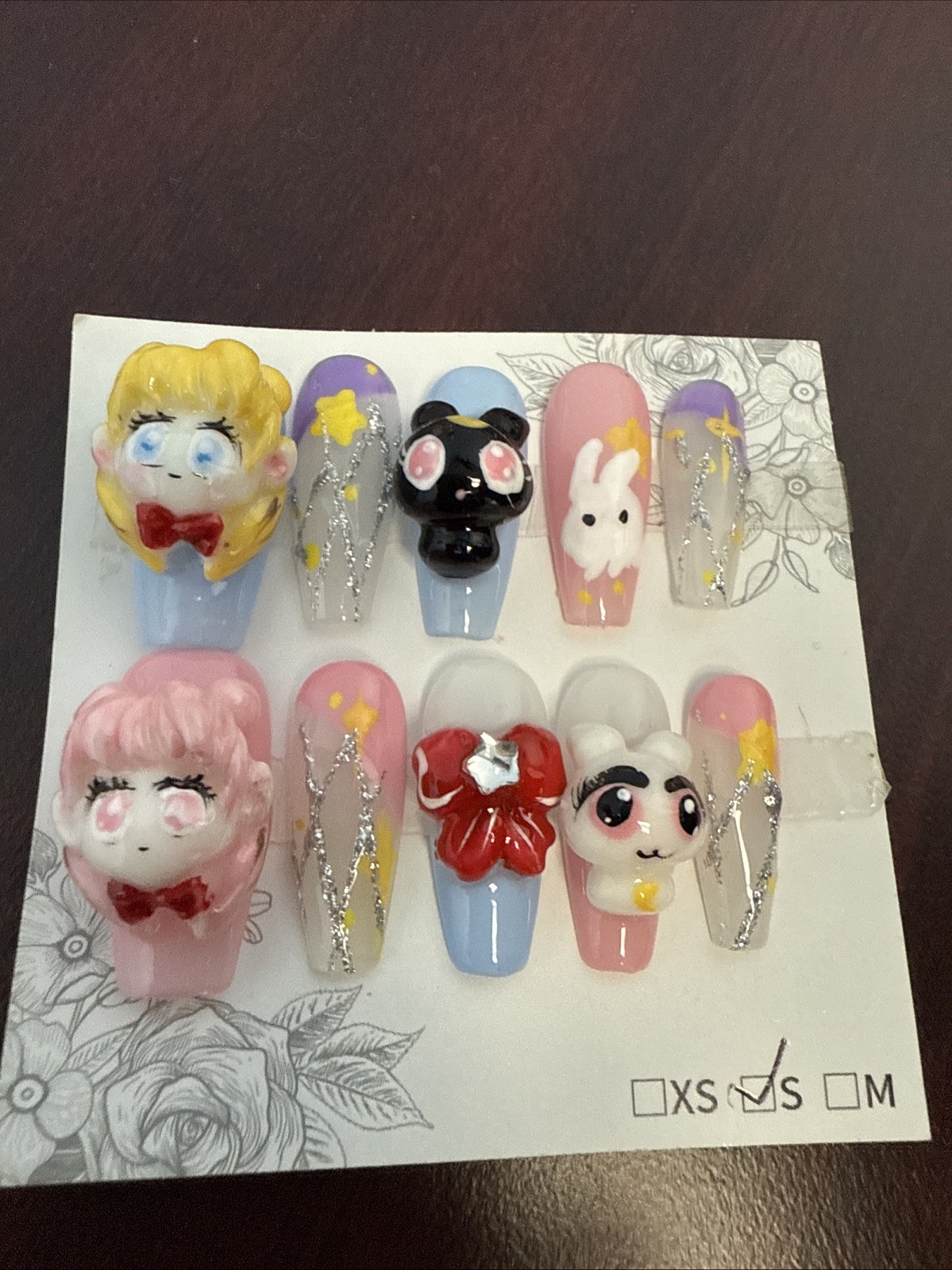 Hand Painted Sculpted 3D SAILOR MOON Press On Nails Coffin Size S