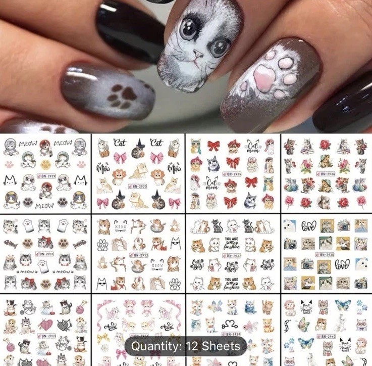 Cute Cat Nail Stickers Lovely Cat Nail Art 12 Pieces