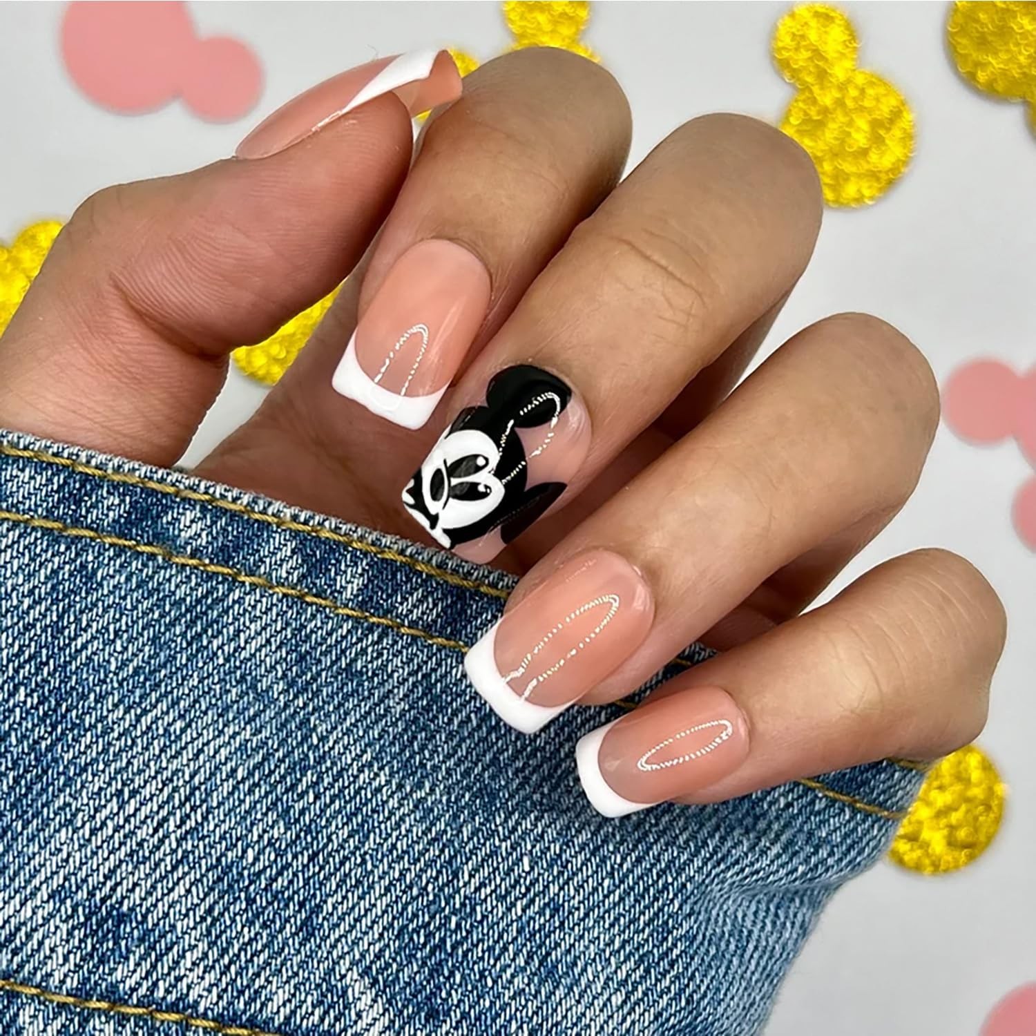 24Pcs White French Tip Press on Nails Short Square Fake Nails with Cute Desig…