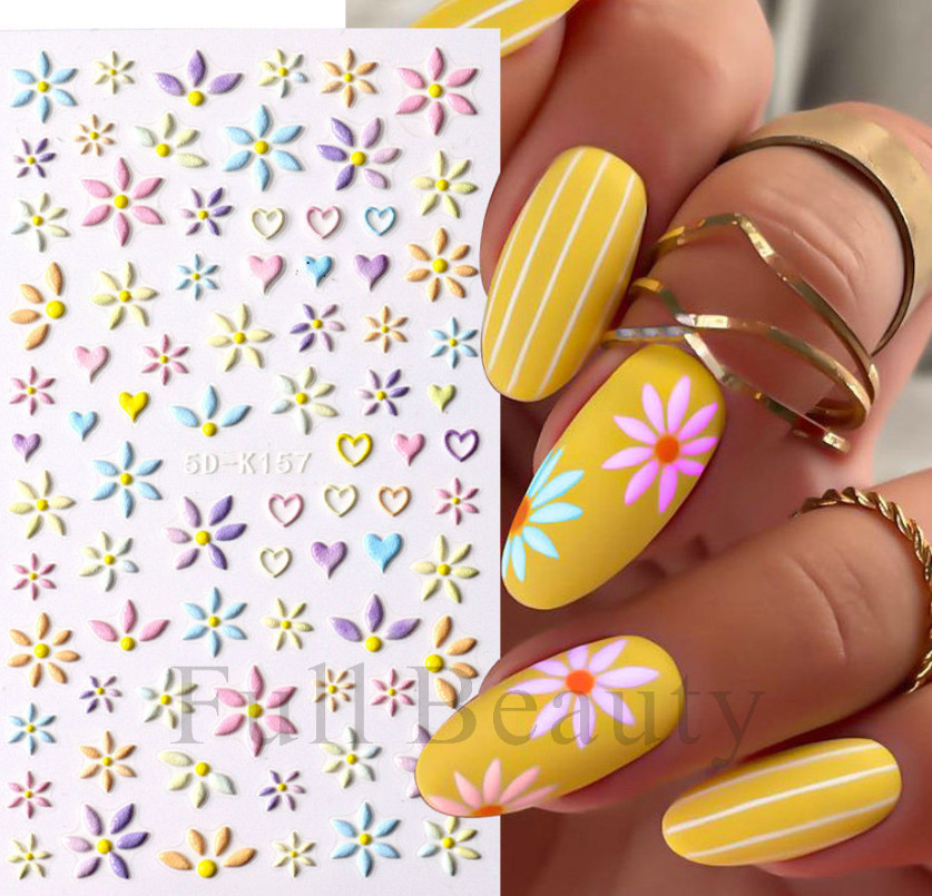 5D Embossed French Colorful Flower Love Daisy Fingers Toe Nail Art Stickers NS13