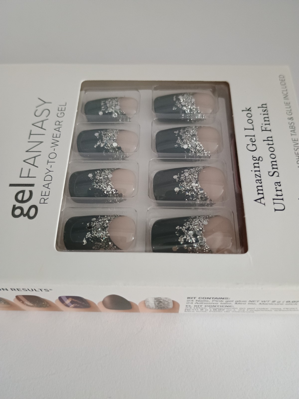Kiss Gel Fantasy Medium Length Glue-on False Nails – Gray French Glitter