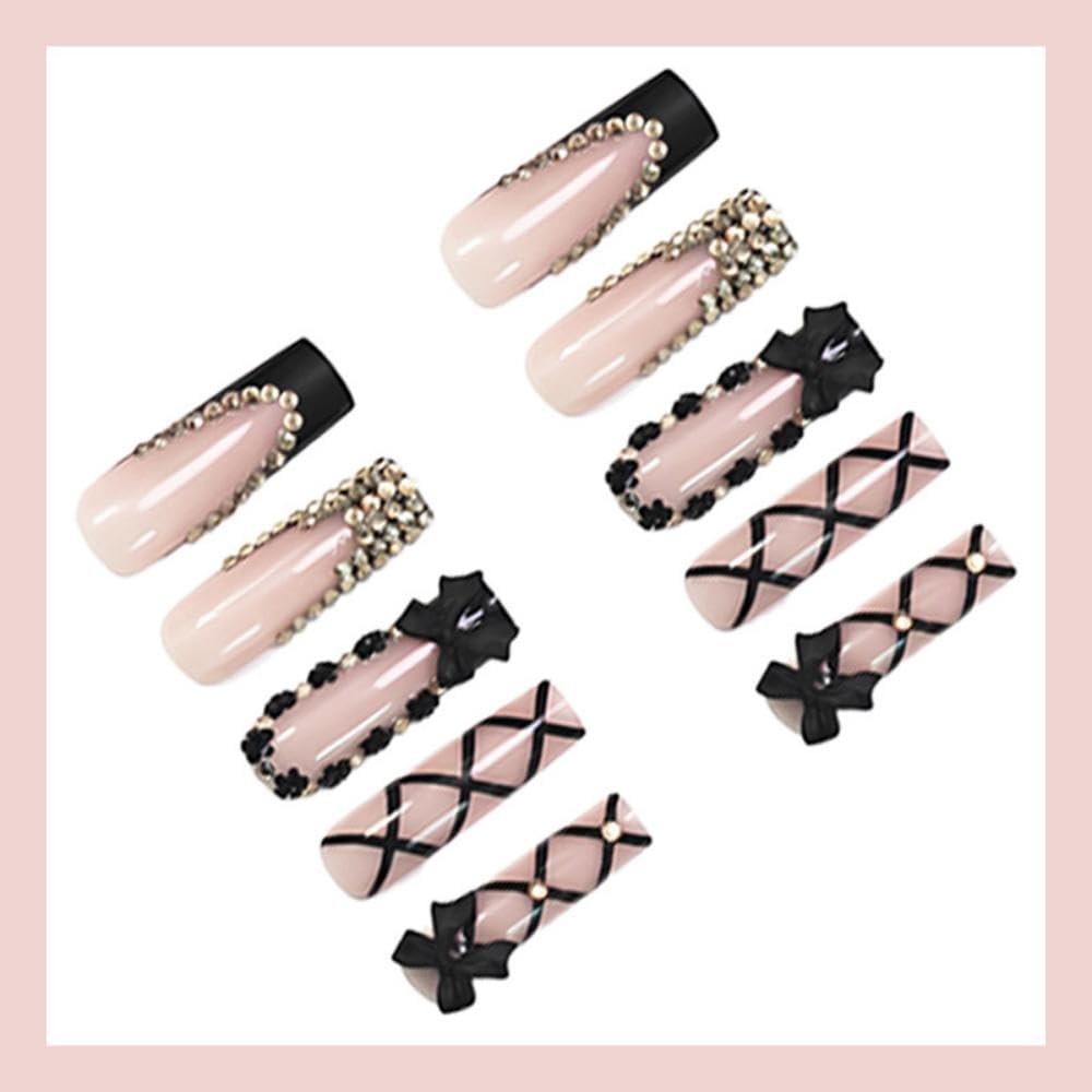 Black French Tips Press on Nails Long Square False Nails with Bow Charm Desig…
