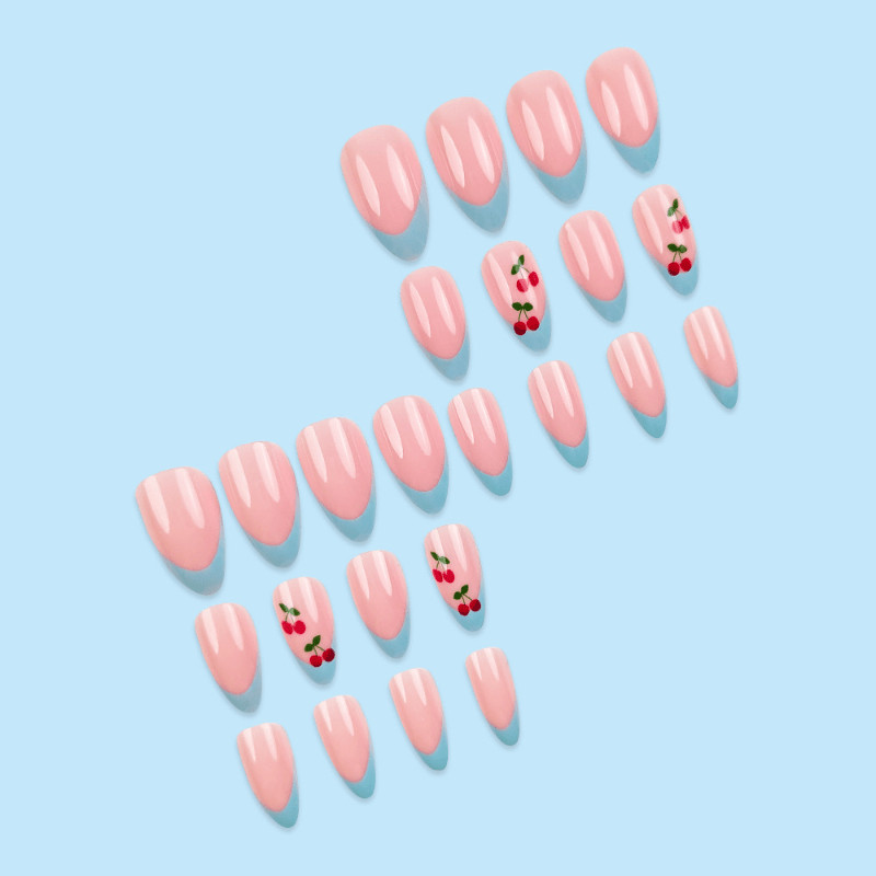 48pcs Almond Press on Nails, Light Blue French Tip Lovely Cherry Decor Nail Art