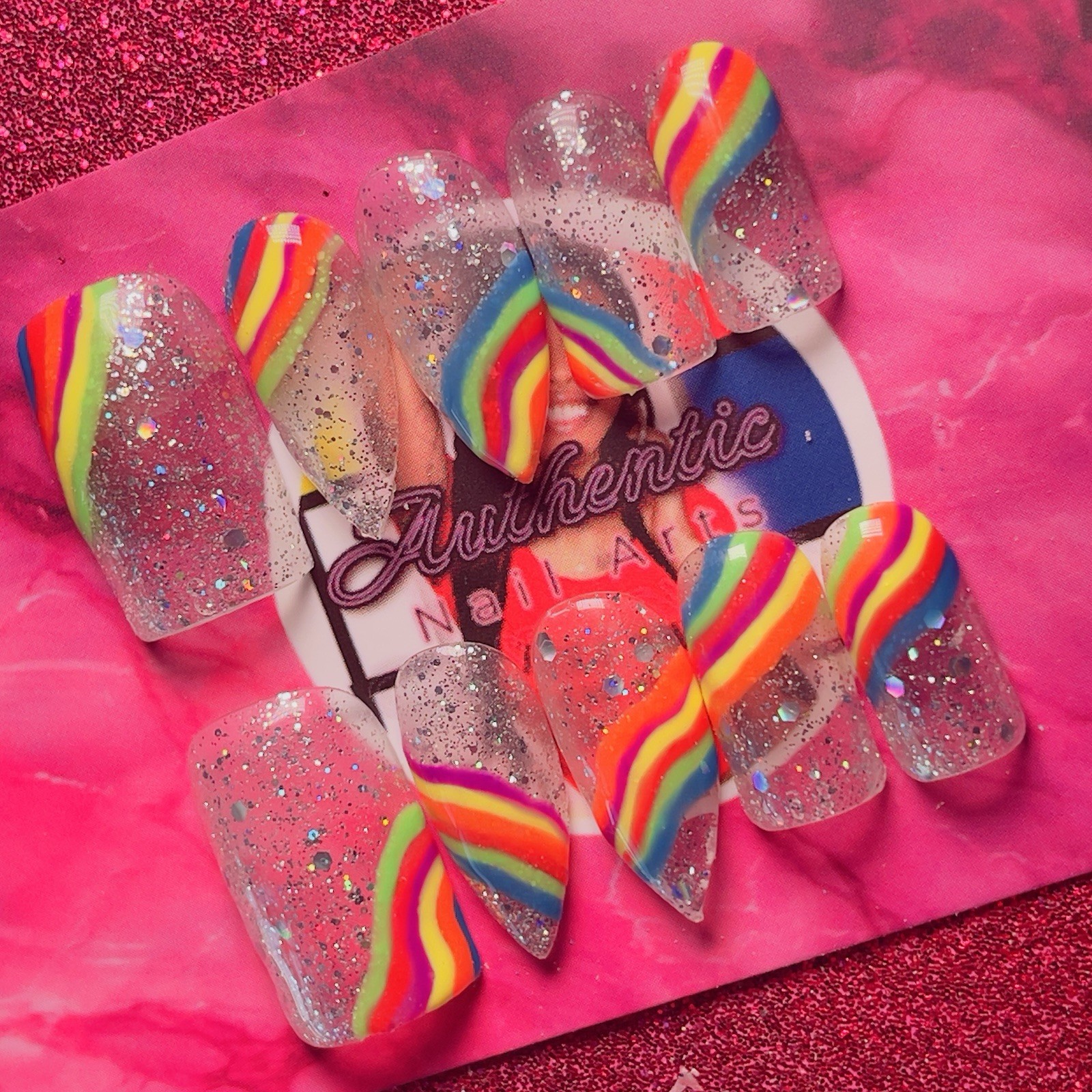 Authentic Nail Arts by Dia Long Coffin Press-On Nails Clear Rainbow Glitter