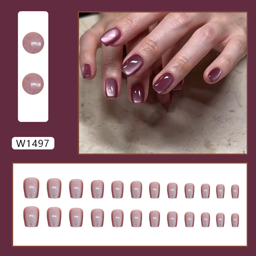 Diamond Cat Eye False Nails Medium Square Press on Nails for Nail Art 24pcs