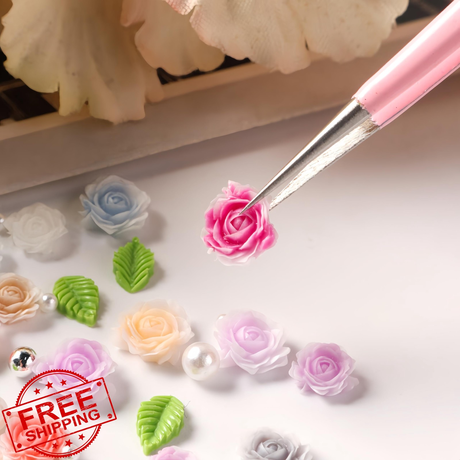 Tephrent 3D Camellias Rose Green Nail Art Charms