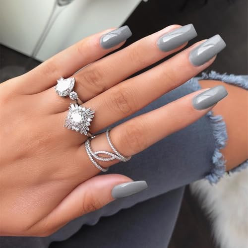 Dark Grey Press on Nails Medium Long Square, Acrylic Fake glossy dark grey