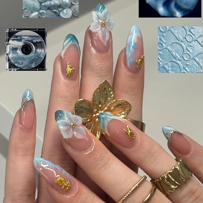 60Pcs-Nude Blue Ombre 3D Flower Press on Nails Almond Nail Set Reusable Handmade
