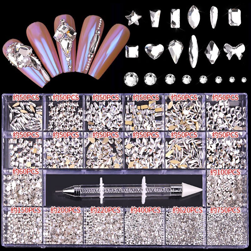Nail Art Rhinestones Kit 3D Alloy Gems Crystal Nail Art Decorations Diamonds DIY